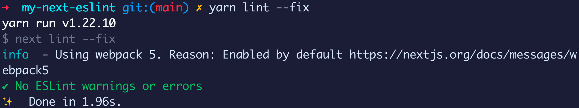 Terminal showing no linting errors after automatically fixed
