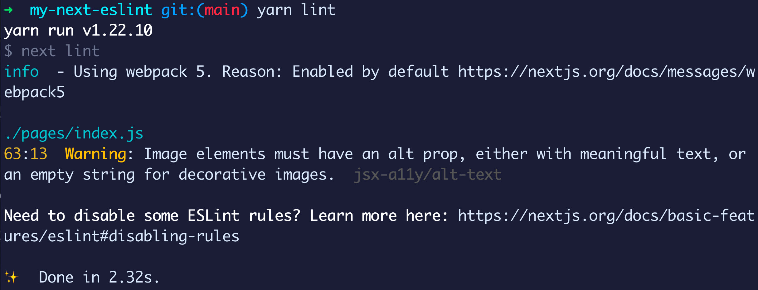 Terminal with linting warning showing missing alt on image tag