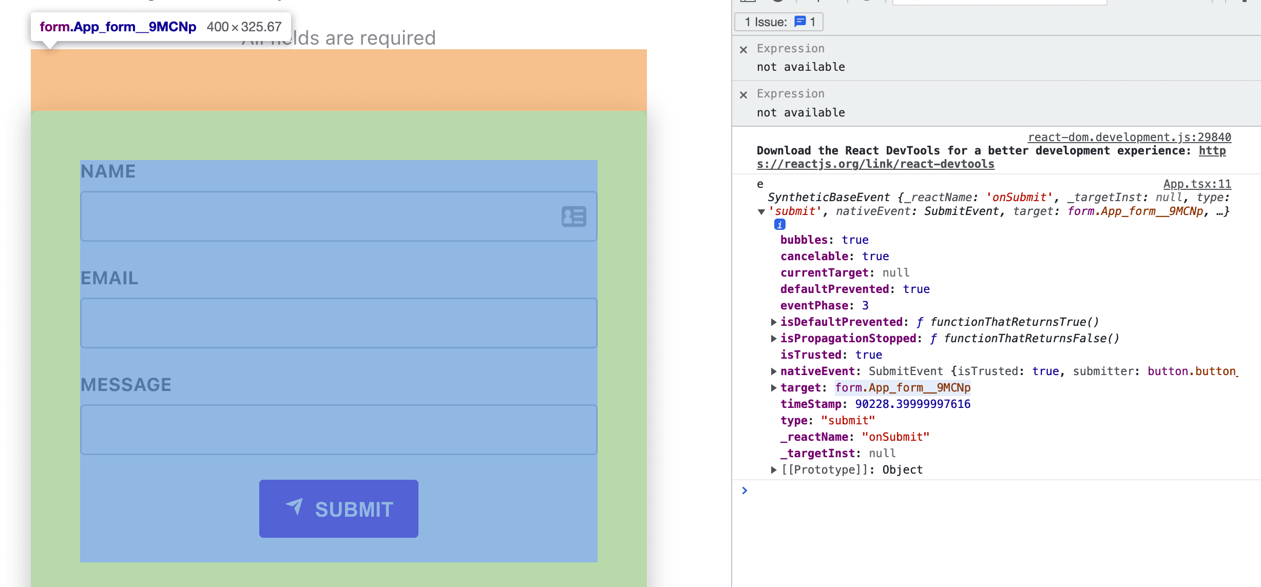 Browser with developer tools showing form event logged