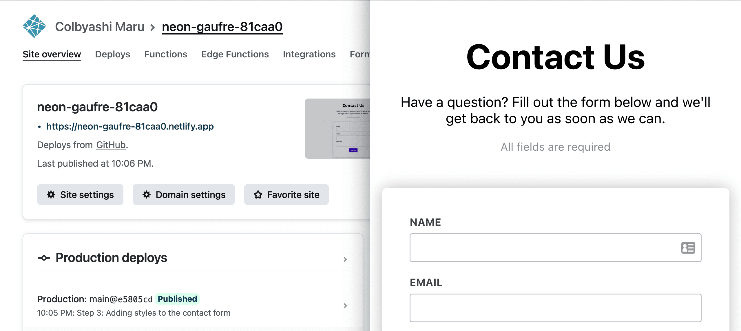 Netlify in browser next to app in browser showing deployed changes from latest commit