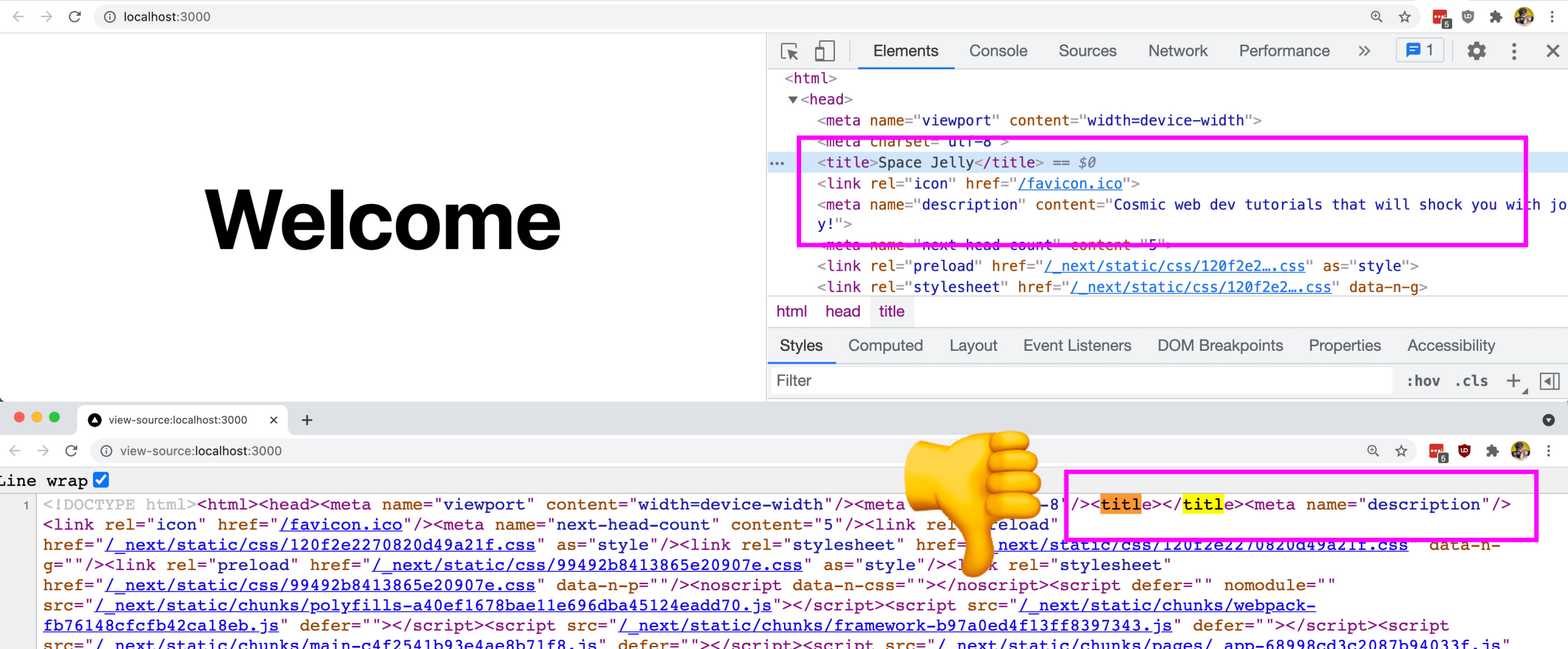Highlighted Chrome Developer Tools source showing SEO metadata vs page source empty with thumbs down