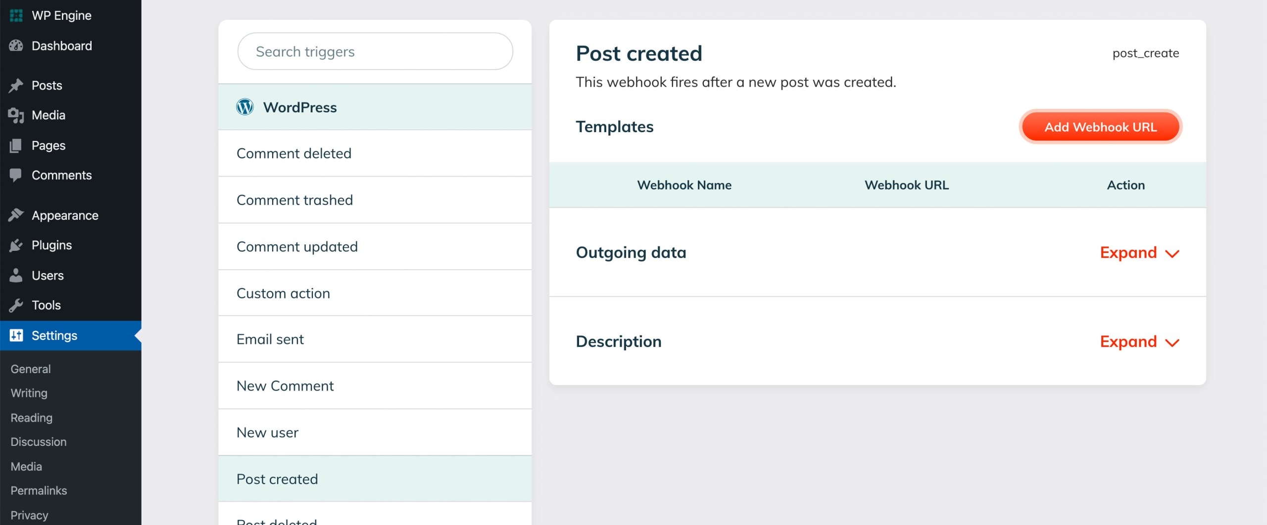 Post created hooks in WP Webhooks