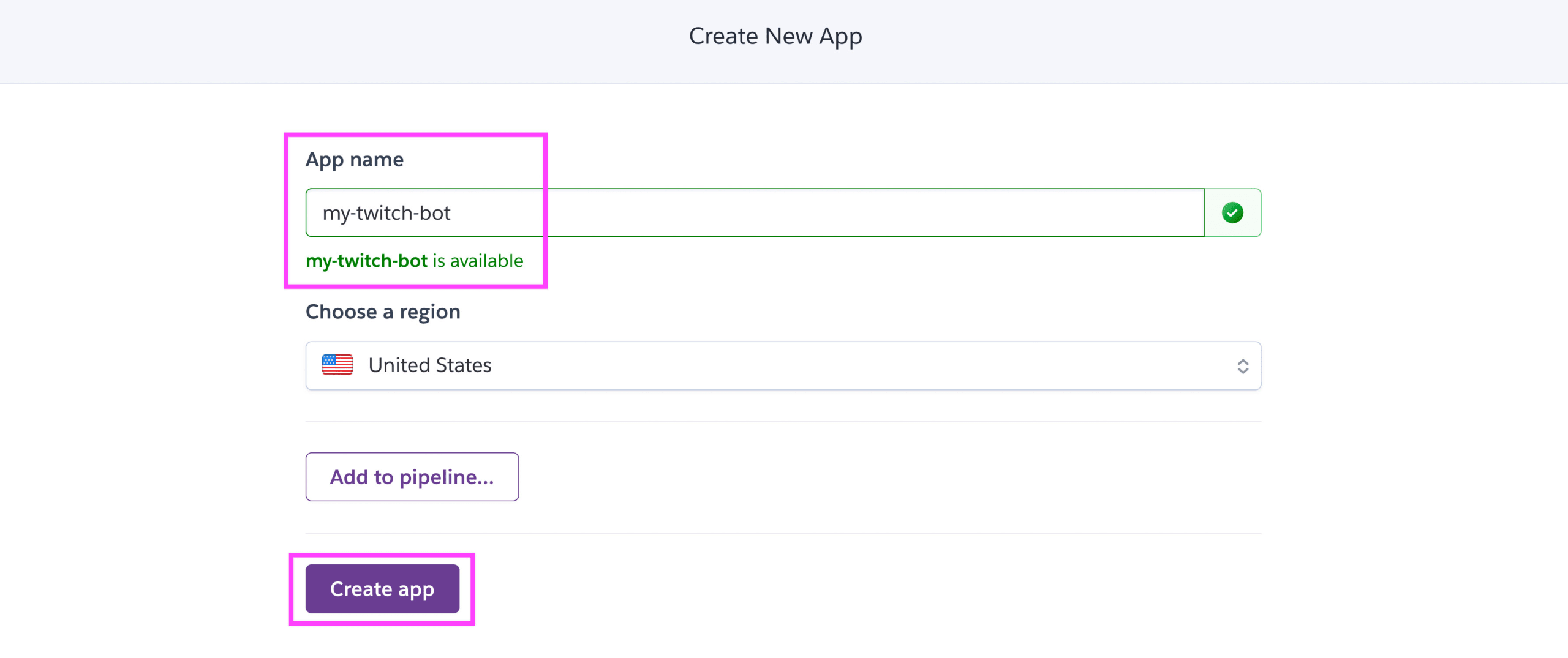 New app configuration in Heroku