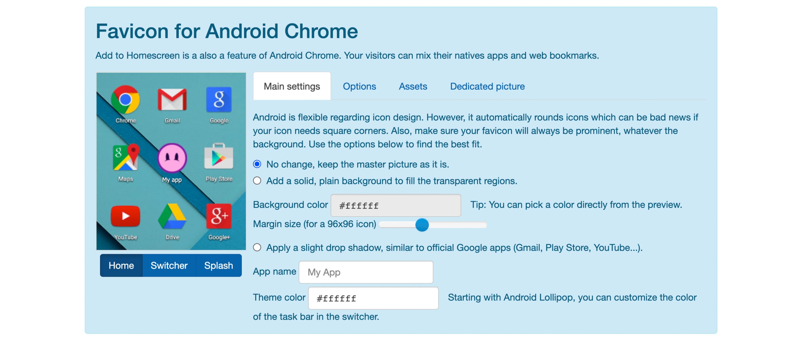 Favicon Generator showing preview of Android Chrome app icon