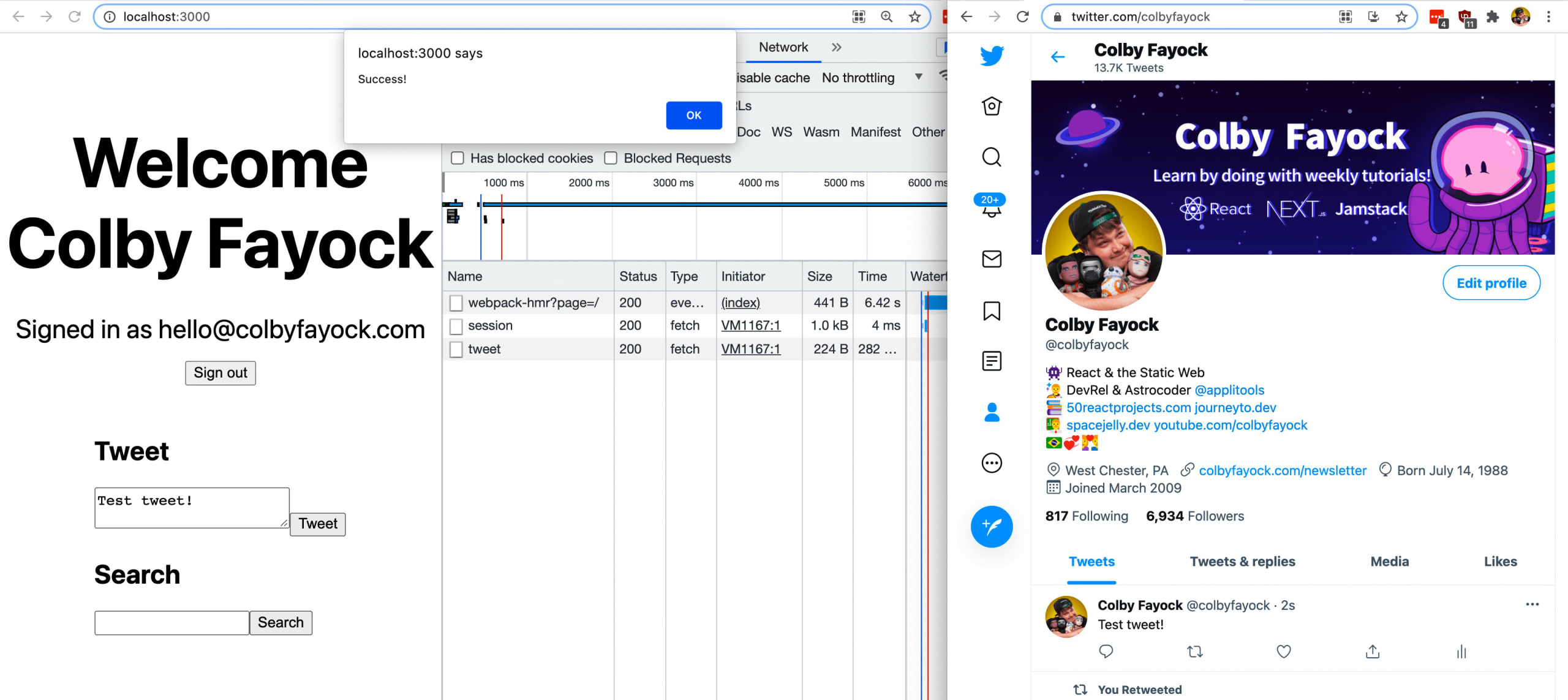 Success alert after posting new Tweet from form