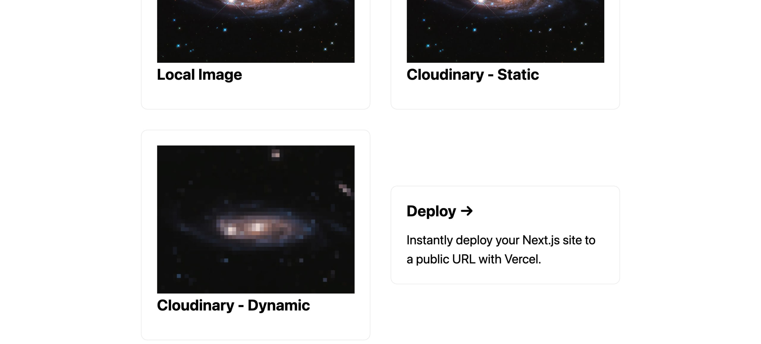 Next.js with 3 different galaxy images: local, static, and pixelated dynamic from Cloudinary