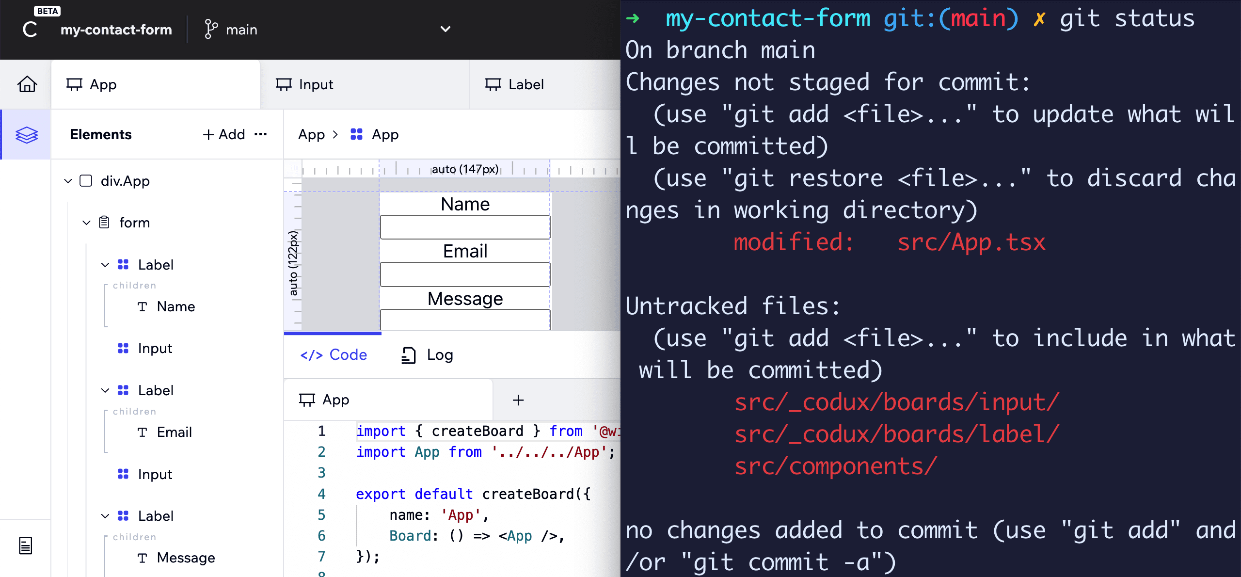 Terminal next to Codux showing git status changes