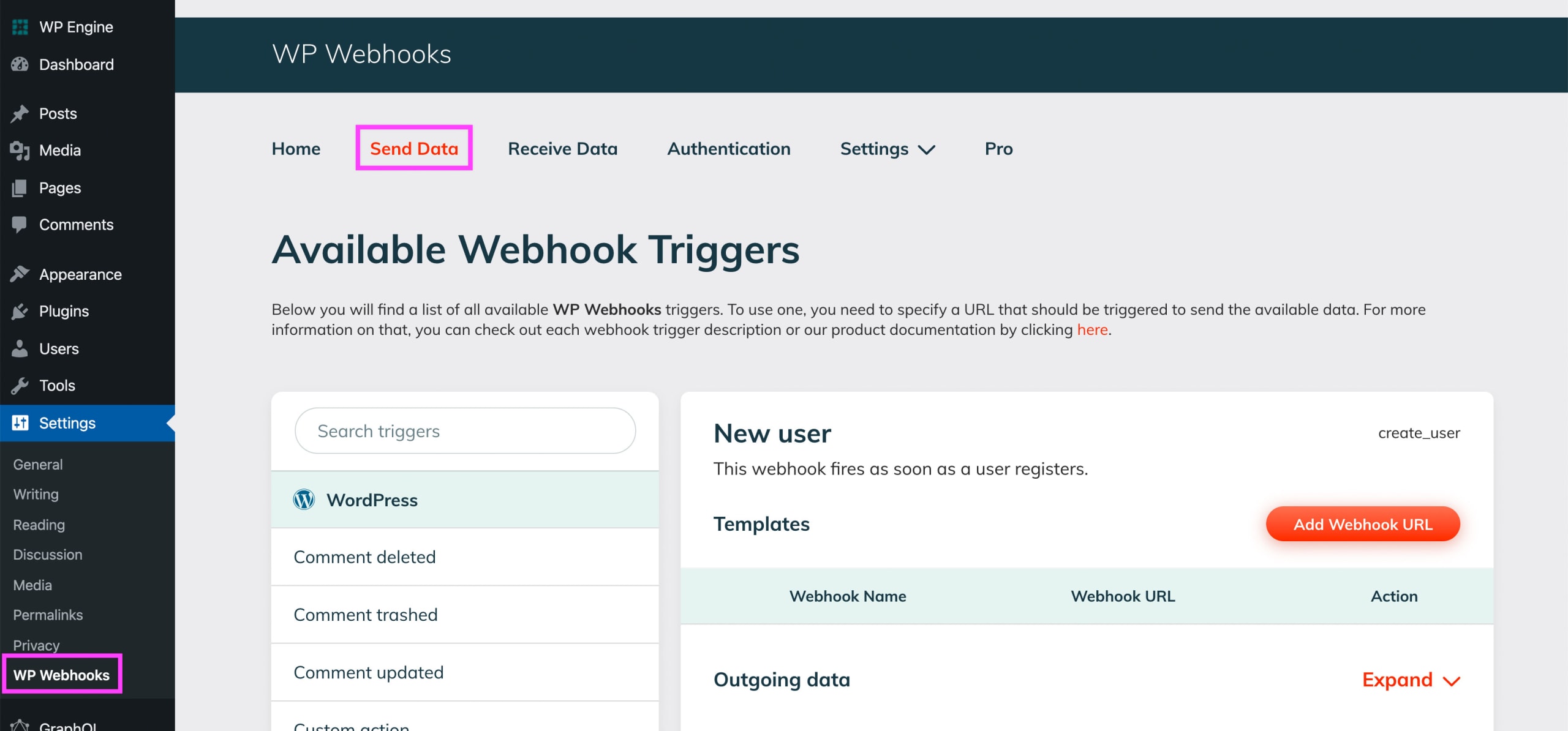 Send Data section in WP Webhooks