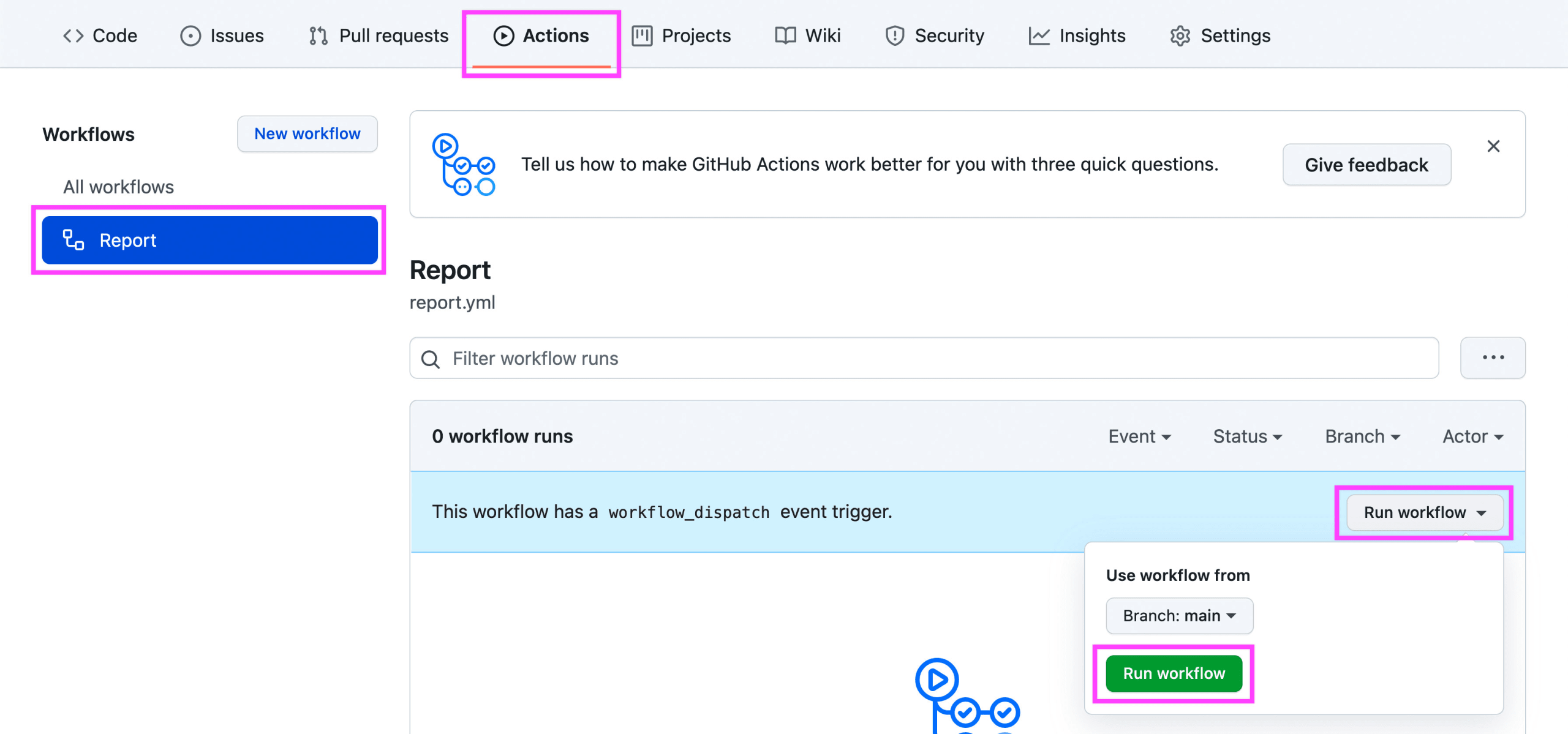 Highlighted navigation items to find the Report Action workflow and run the workflow manually