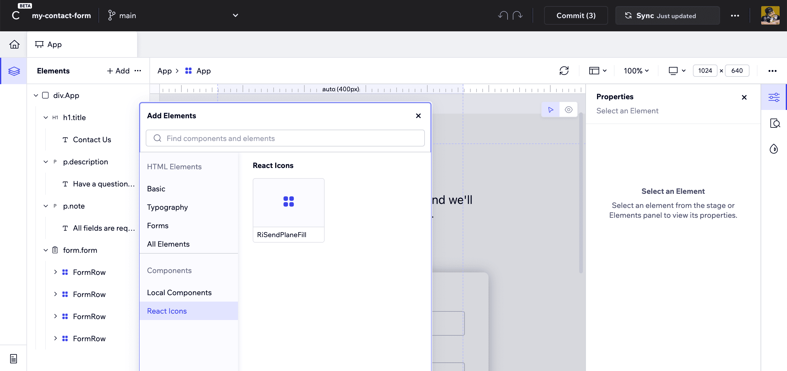 Add component dropdown showing React Icons