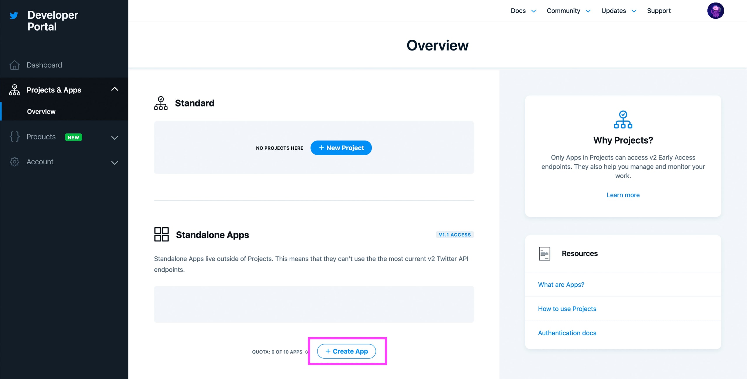 Twitter Portal Create App button