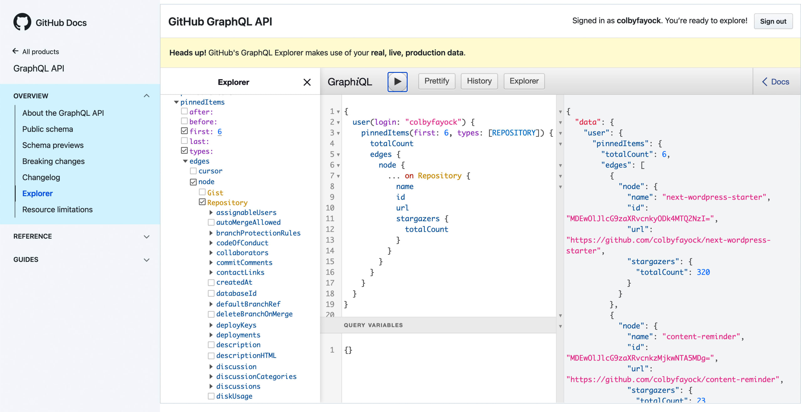 GitHub GraphQL API Explorer showing query for pinned repositories for user colbyfayock