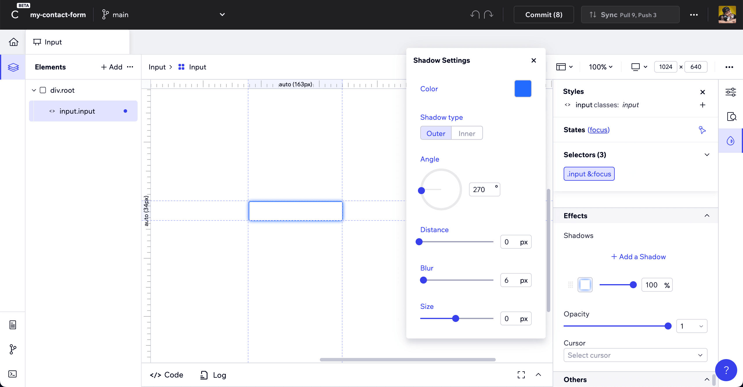 Codux application showing input component editing focus state shadow