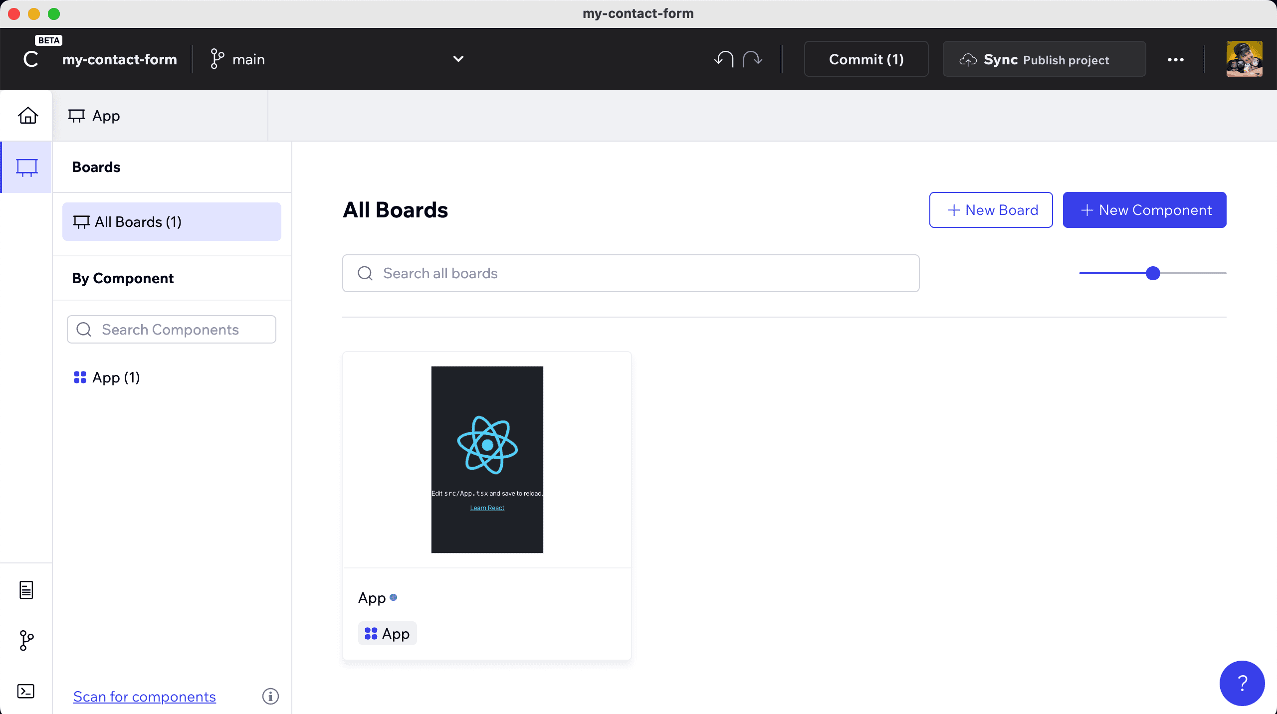 Codux dashboard for new project showing starting board and app
