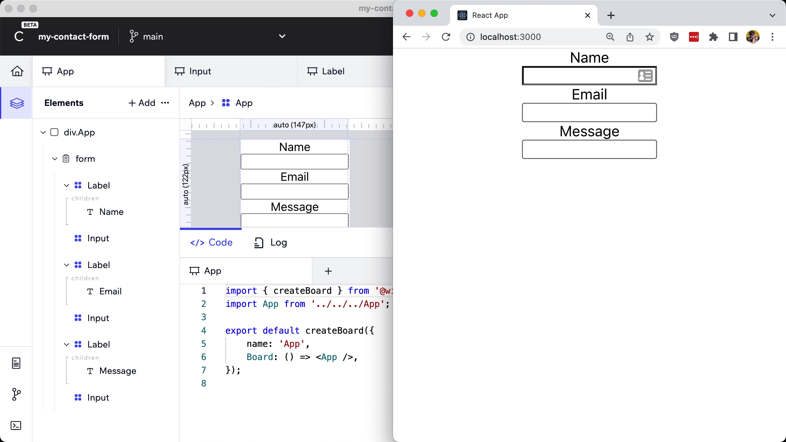 Codux with browser next to it showing live form
