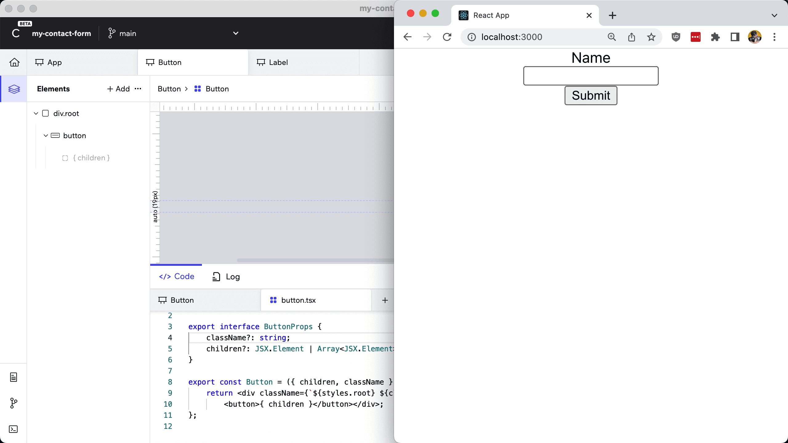 Browser on top of Codux showing new submit button