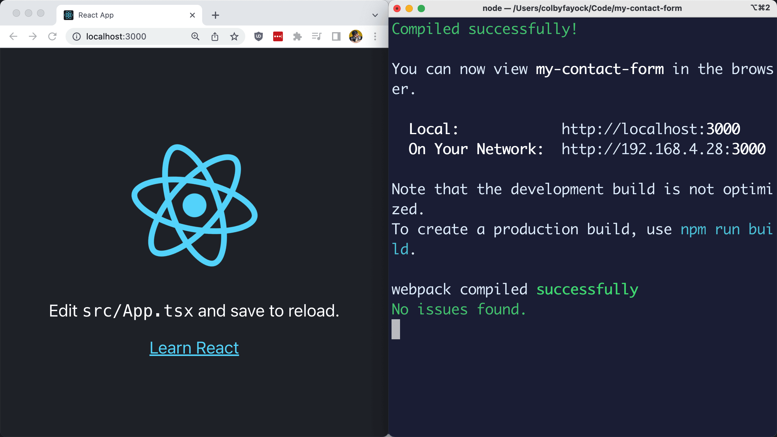 Browser next to terminal showing running same app from Codux