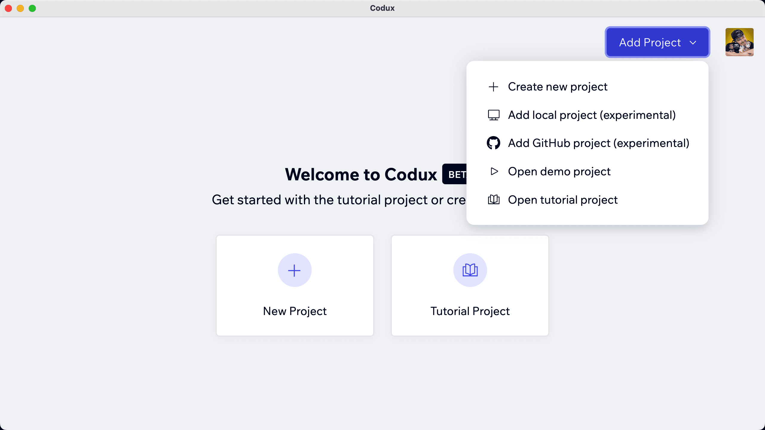 Codux app with new project options
