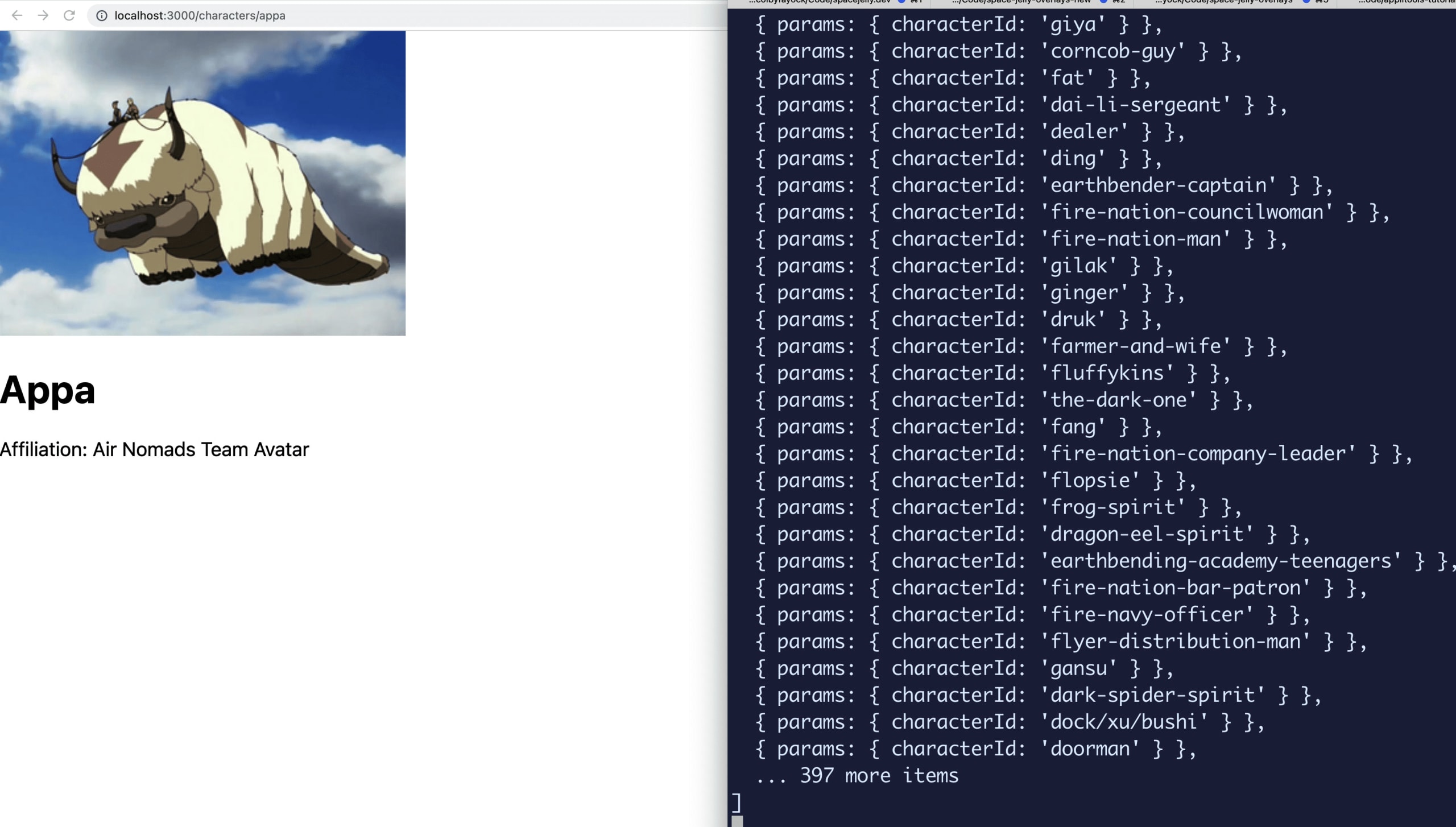 Terminal next to browser showing list of all generated paths including Character ID