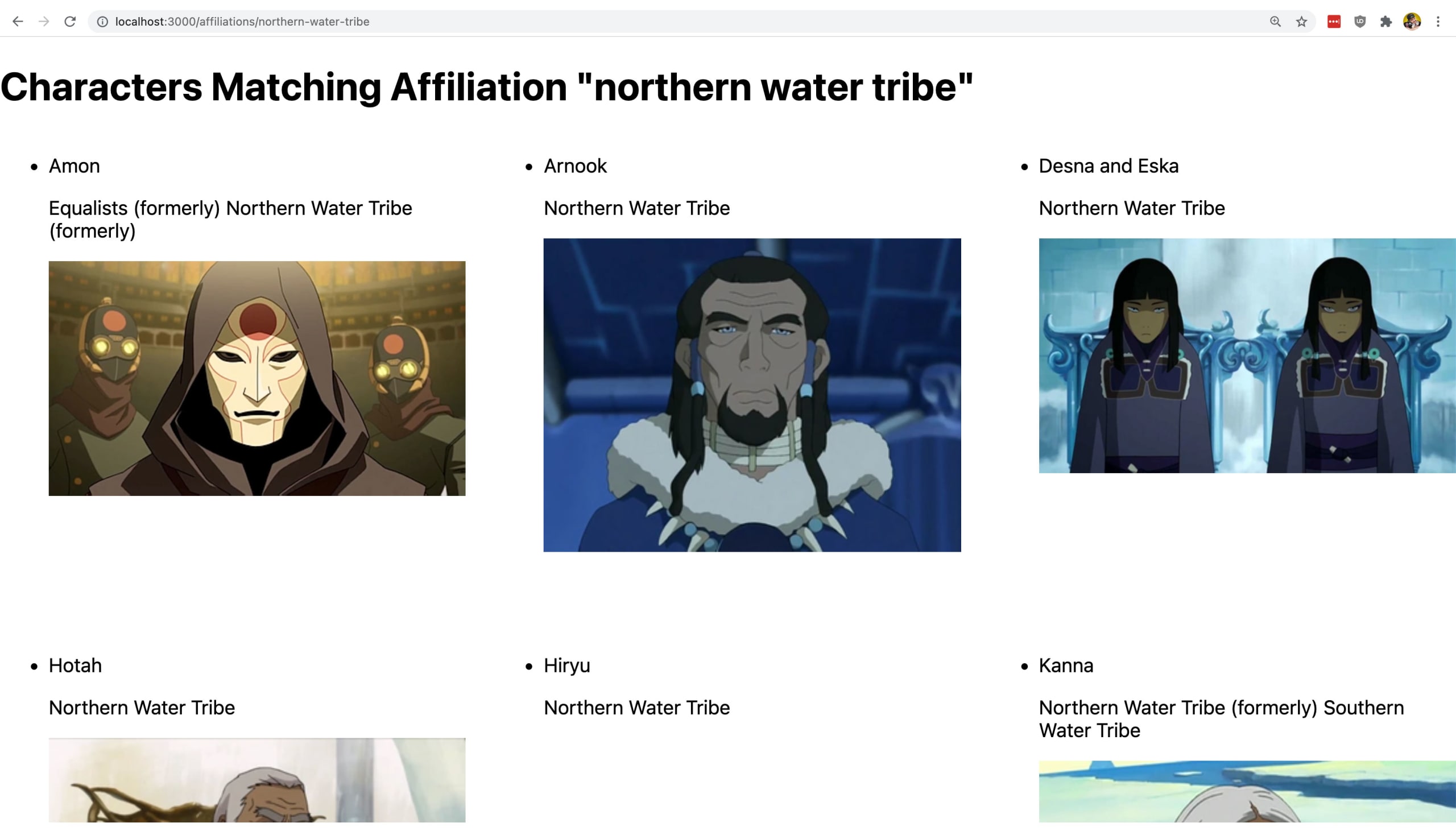 Grid of characters matching affiliation of northern water tribe