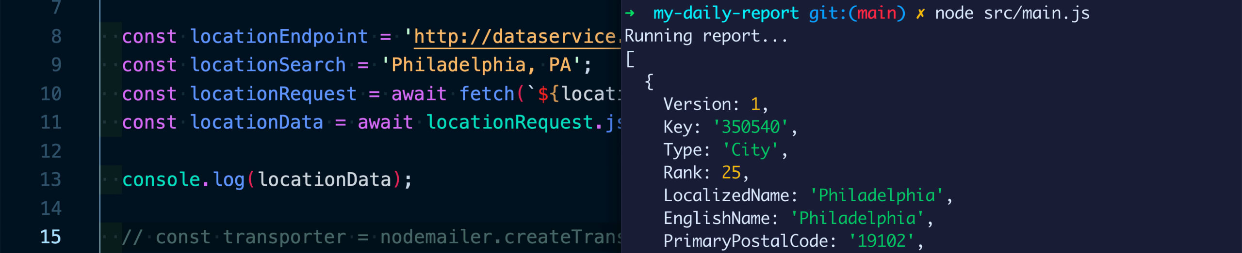 Code editor and terminal side-by-side showing results for location search of Philadelphia, PA
