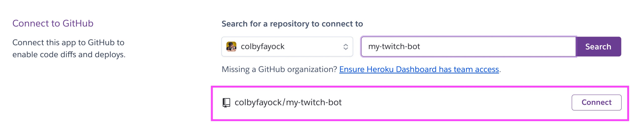 Connect a GitHub repository in Heroku