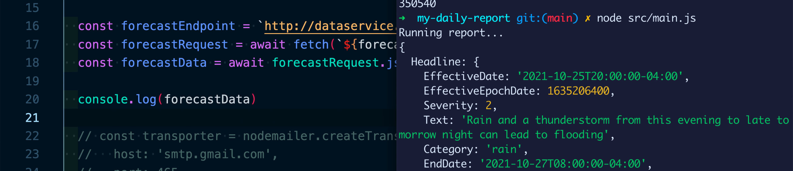 Code editor and terminal side-by-side showing results for forecast of Philadelphia, PA