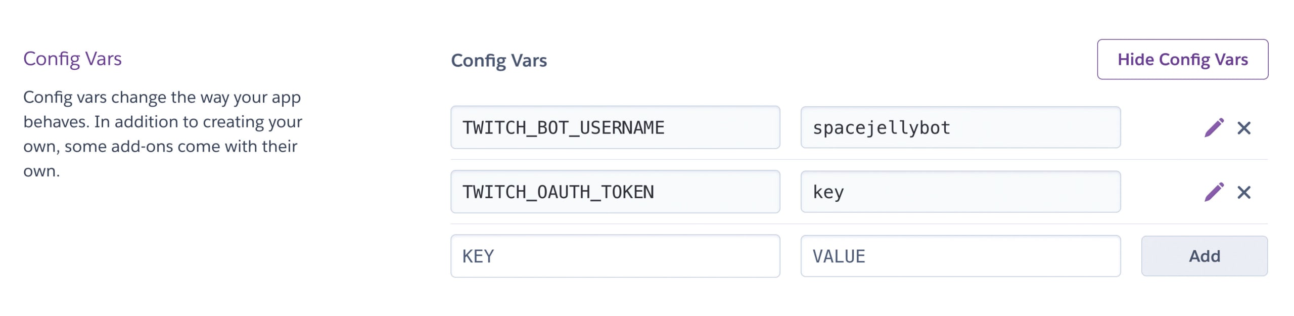 Setting up config vars for environment variables