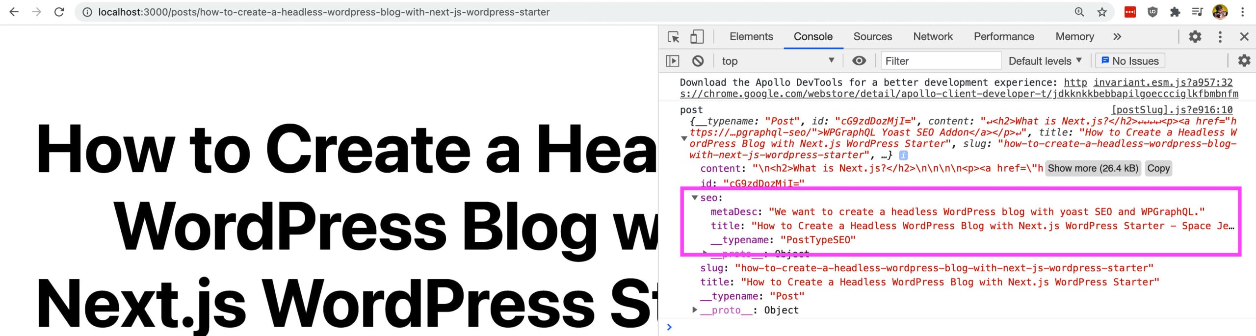 Web console showing SEO data