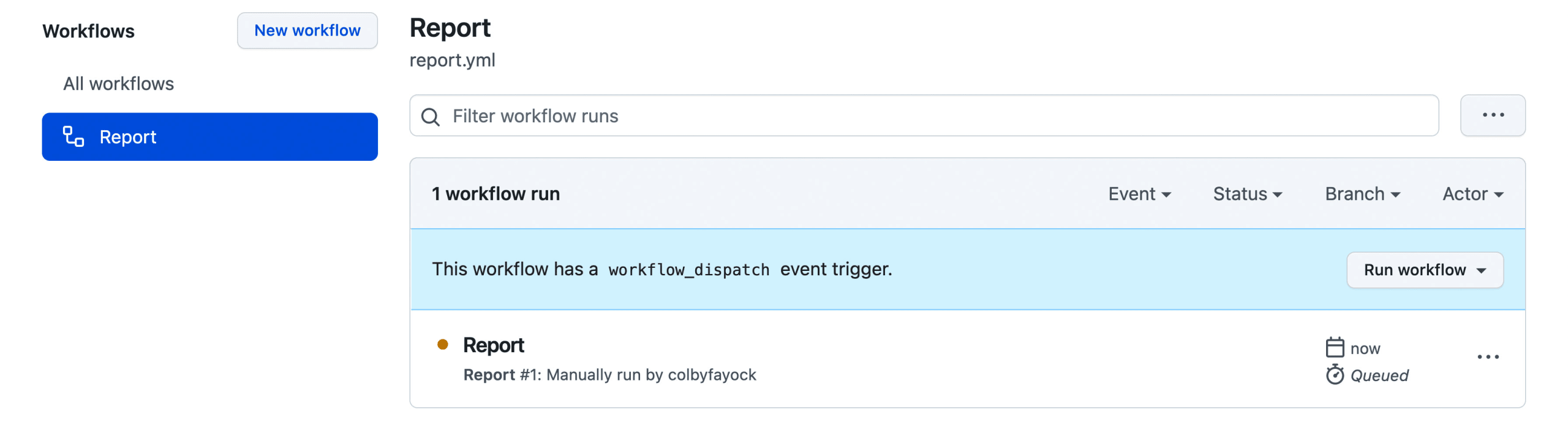 Report workflow in Actions showing list of runs including only the one manual run