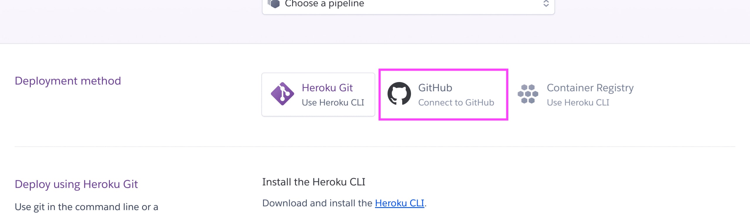 Selecting GitHub to connect app to Heroku
