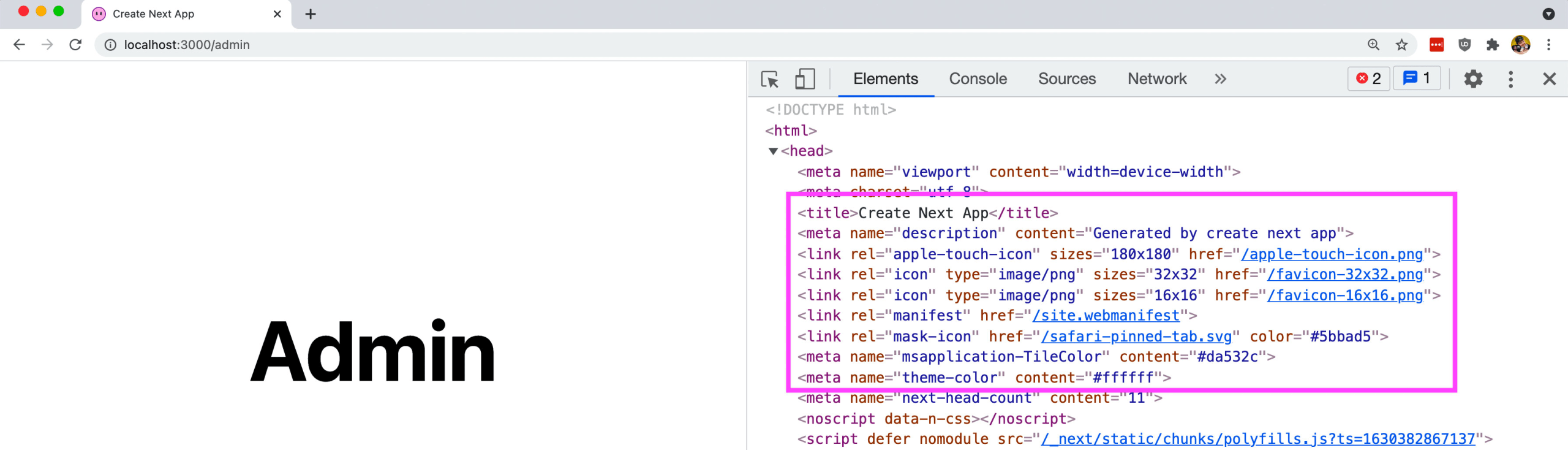 Next.js with dev tools open showing HTML with favicon