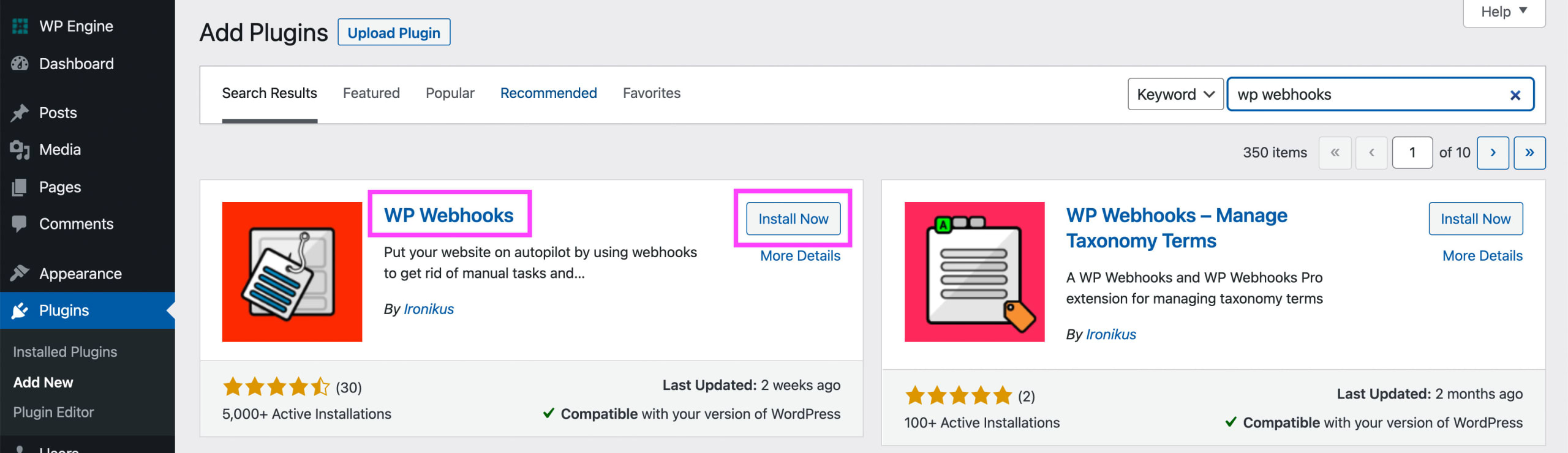 WP Webhooks plugin in WordPress marketplace