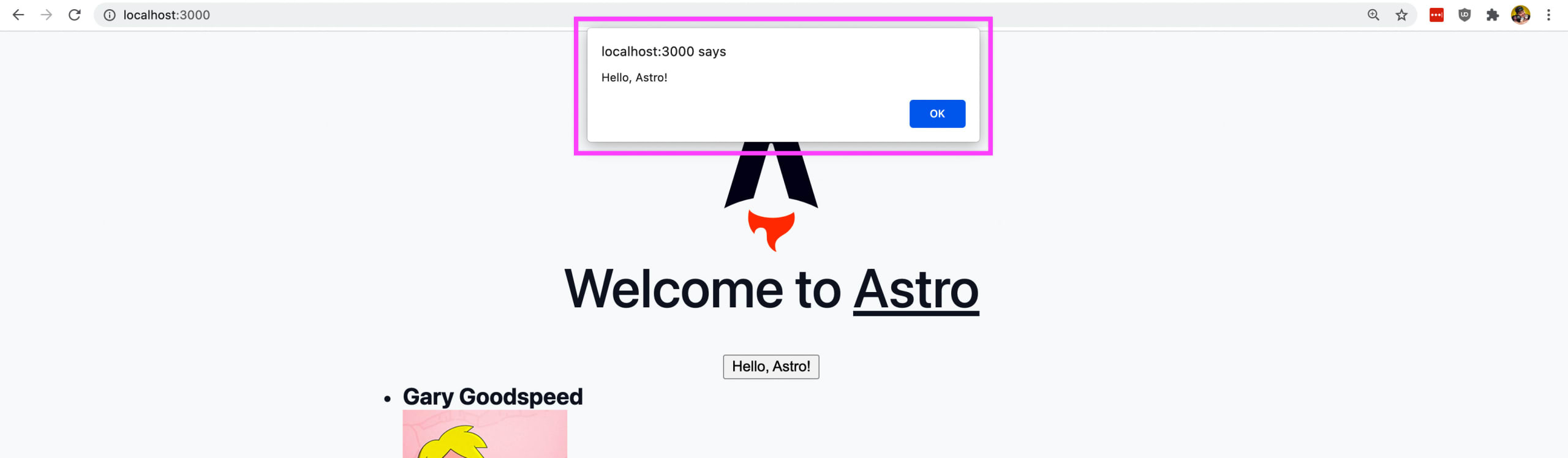 Web alert showing after clicking button in Astro app