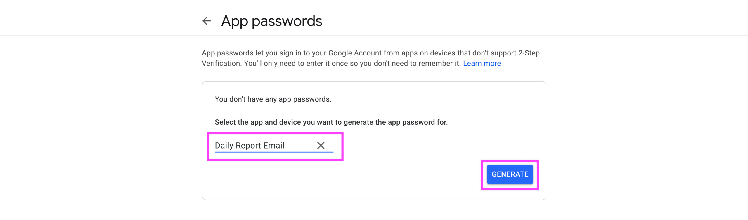 Highlighted custom name for App password and generate button