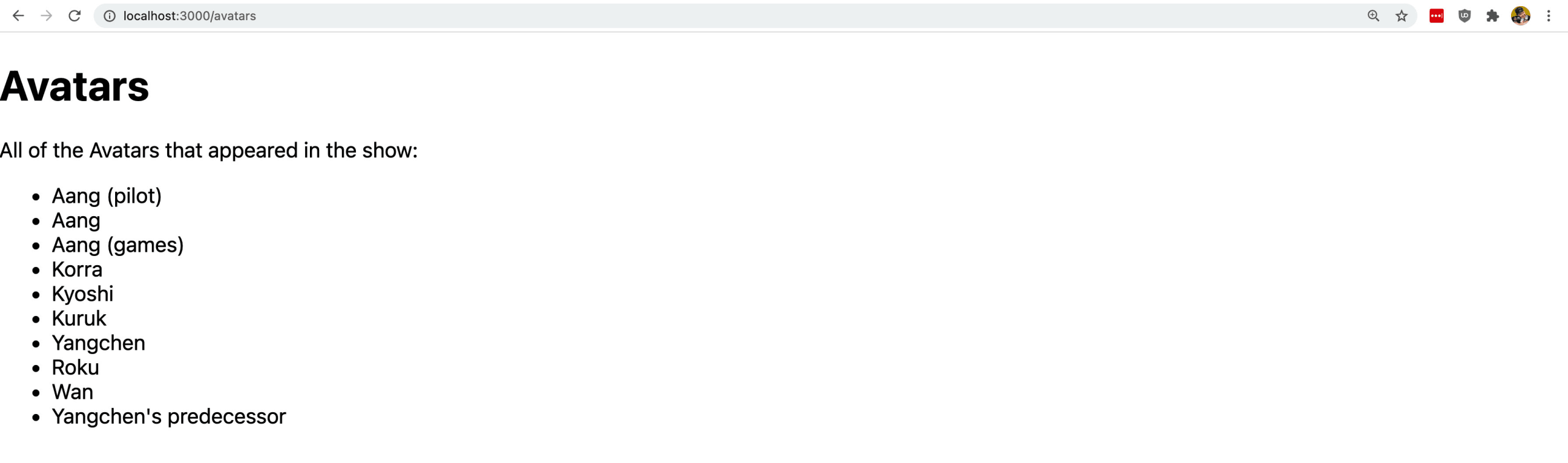 Avatars page with list of all avatars