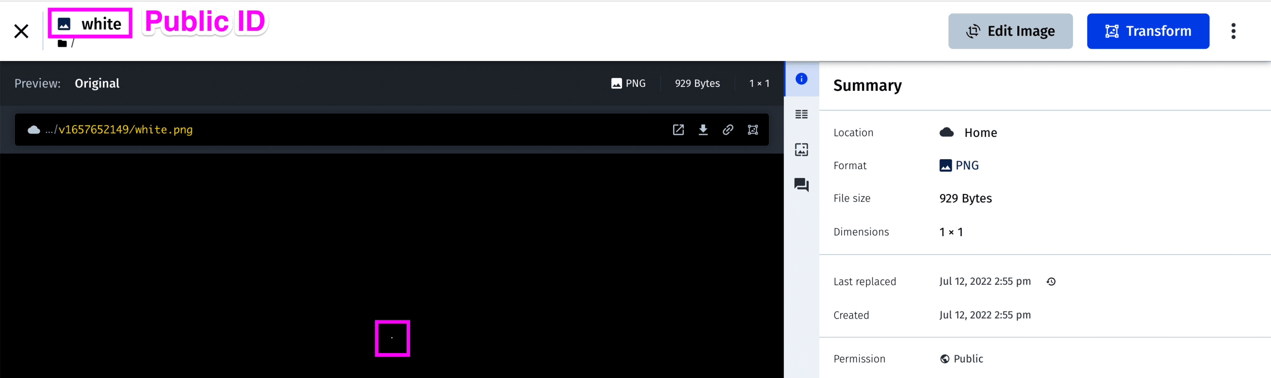 Cloudinary media library showing 1x1 pixel