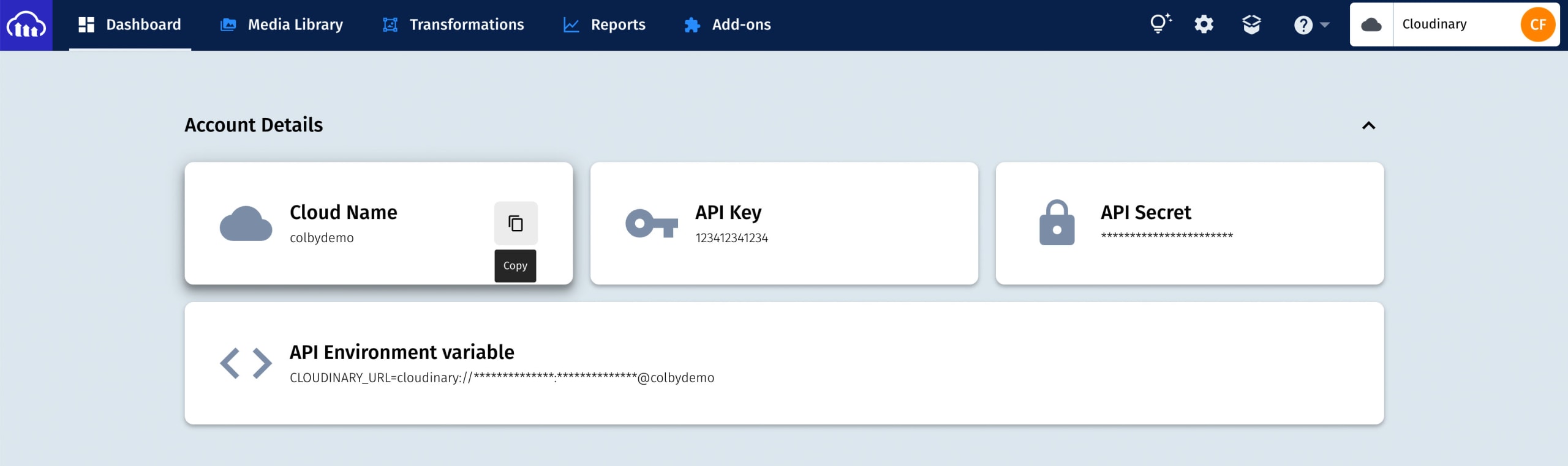 Cloudinary Dashboard showing ability to copy Cloud Name