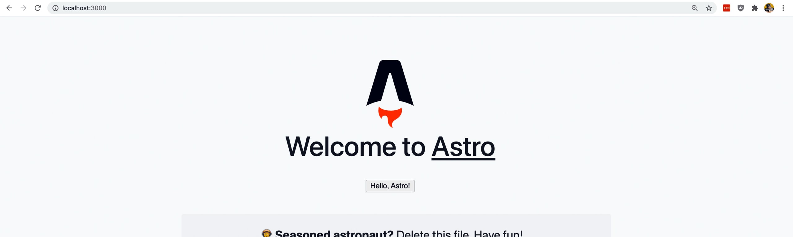 Button with "Hello, Astro!" under welcome note