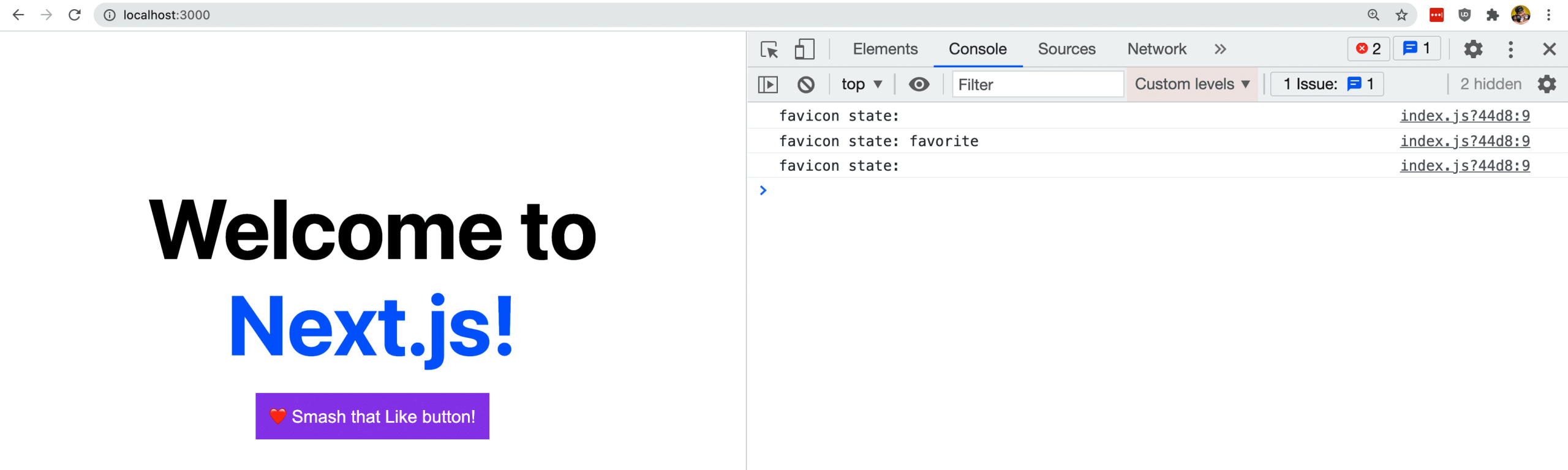 Next.js app with dev tools showing console logs with favicon state on click