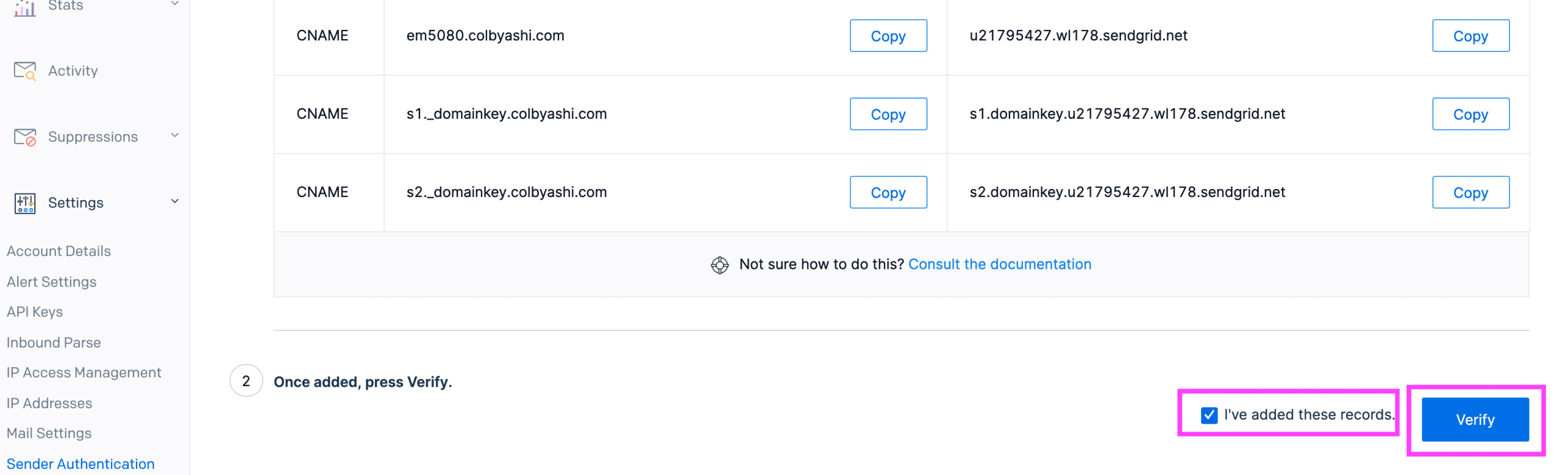 SendGrid verify records