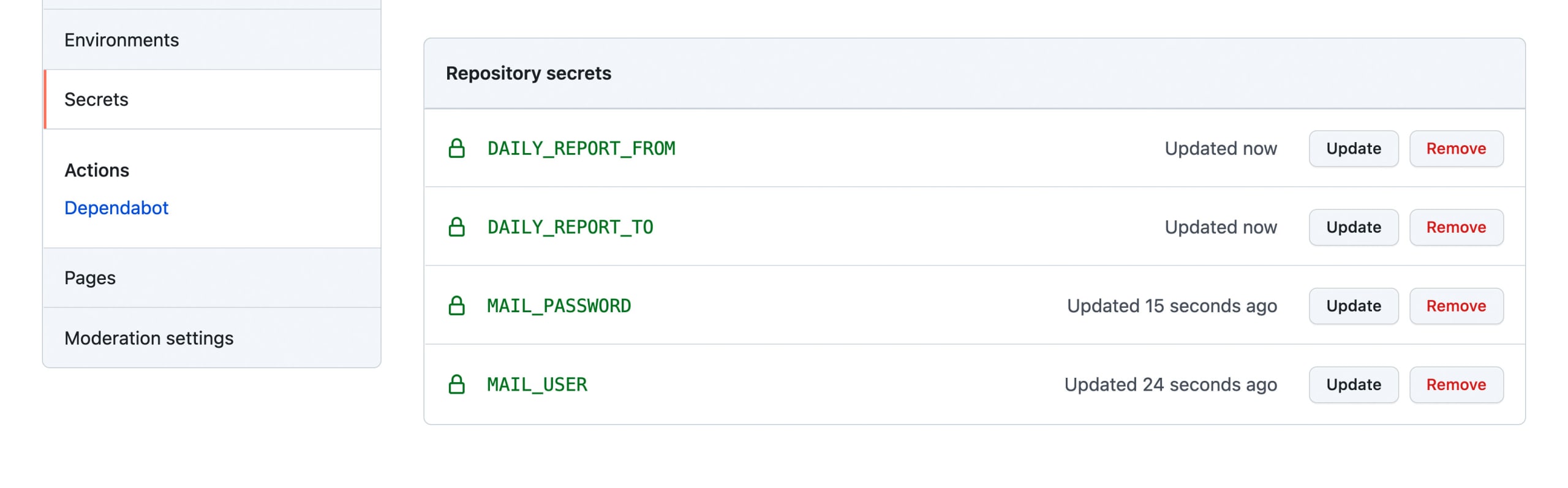 Environment variables listed as secrets in the GitHub repository