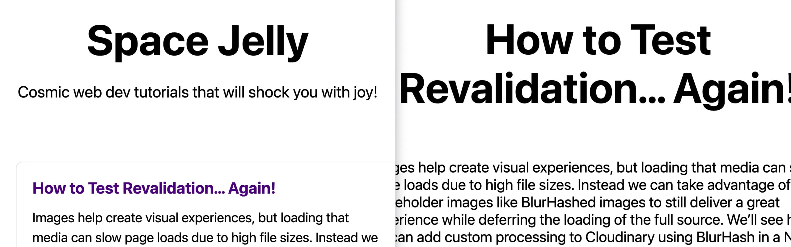 Two browsers side by side showing homepage and post page both updated