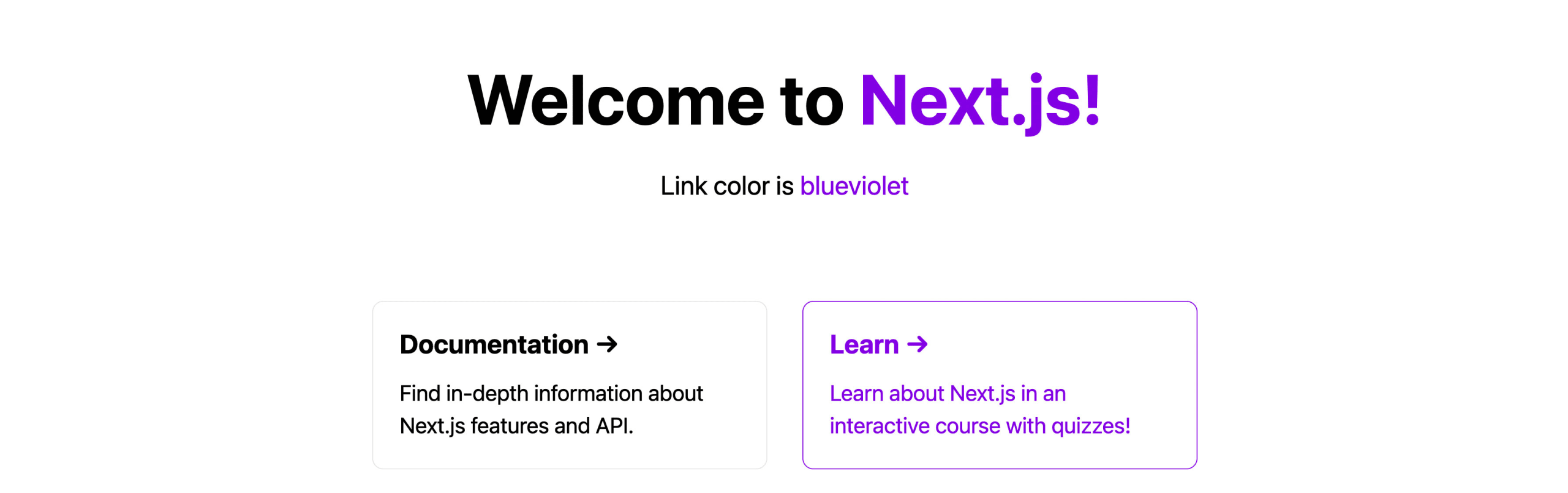 Next.js app with blueviolet links with dynamic description showing link color is blueviolet