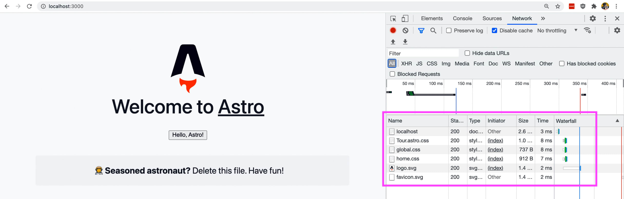 Chrome dev tools Network tab showing no JavaScript files