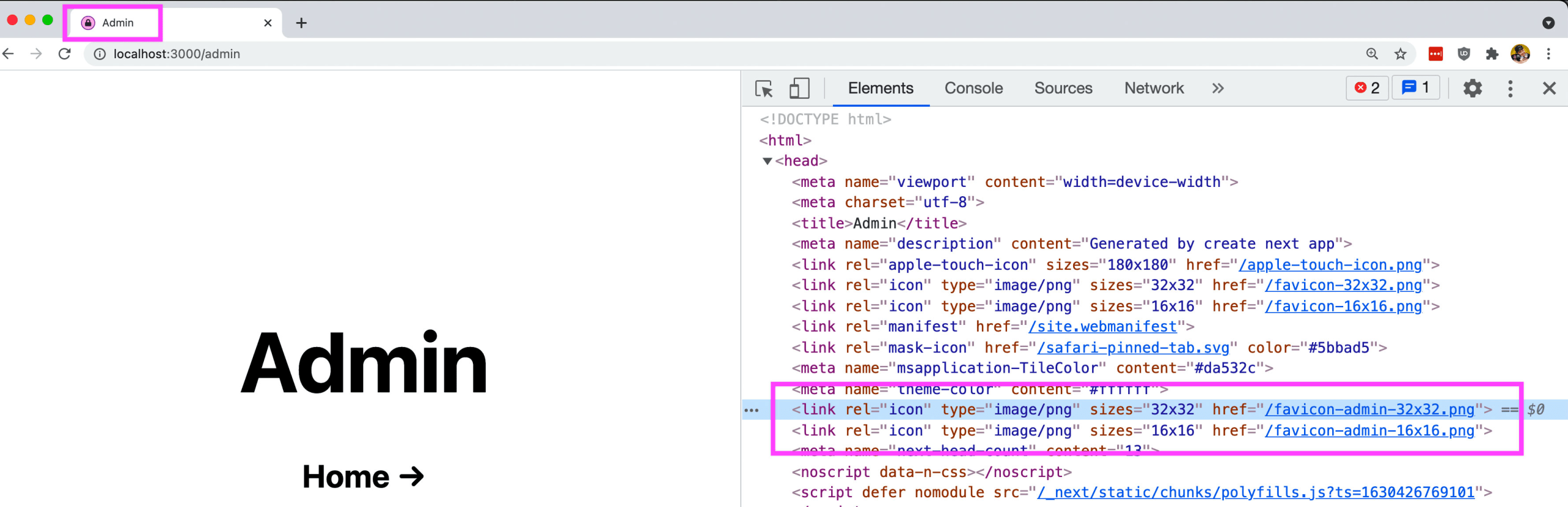 Next.js app with dev tools showing updated HTML with favicon variant