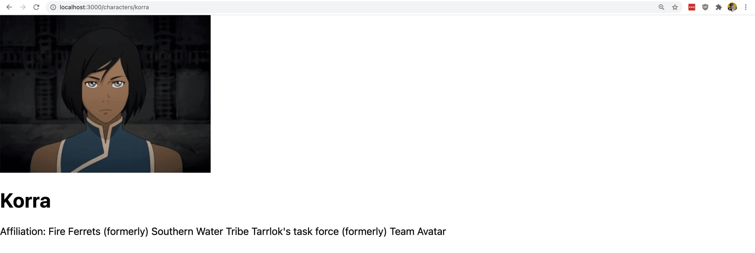 Individual page for Korra with name, picture, and affiliation
