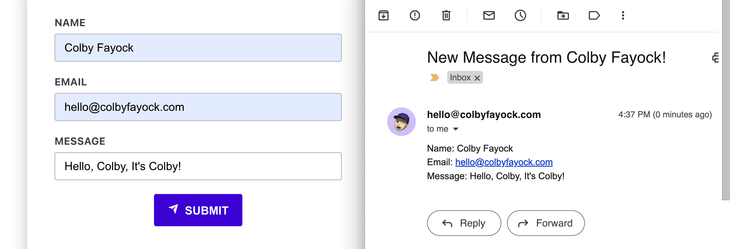 Contact form next to email message