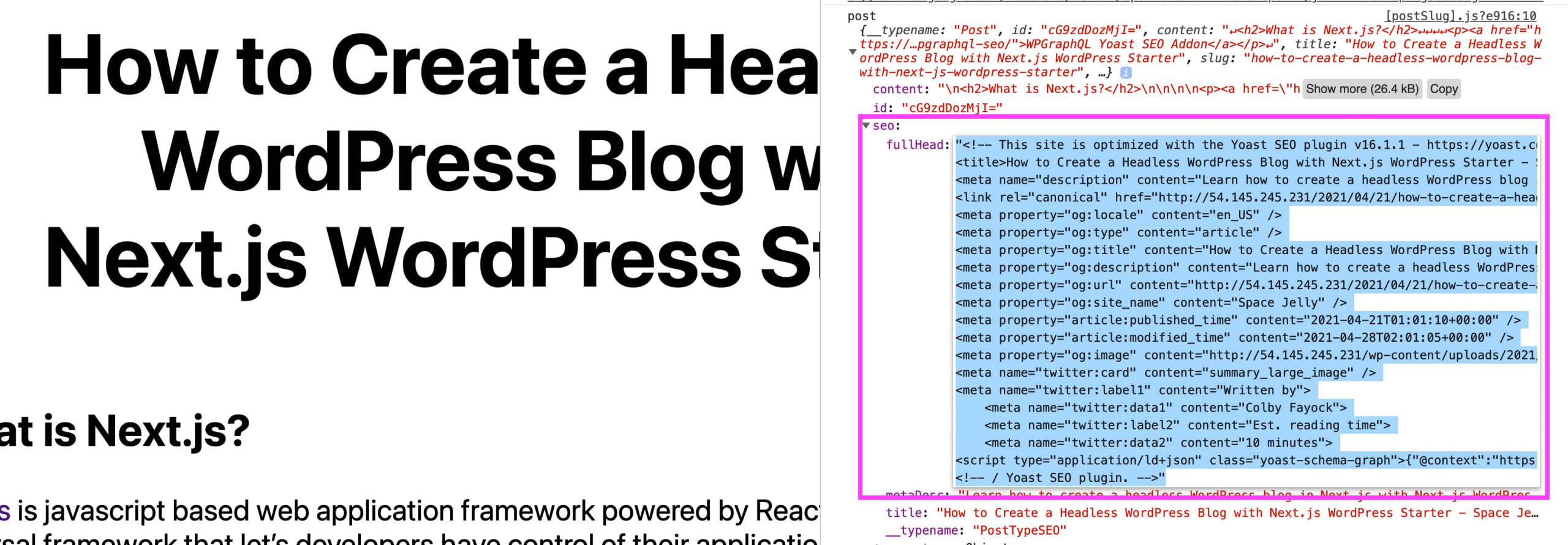 Web console showing fully rendered Yoast SEO head html