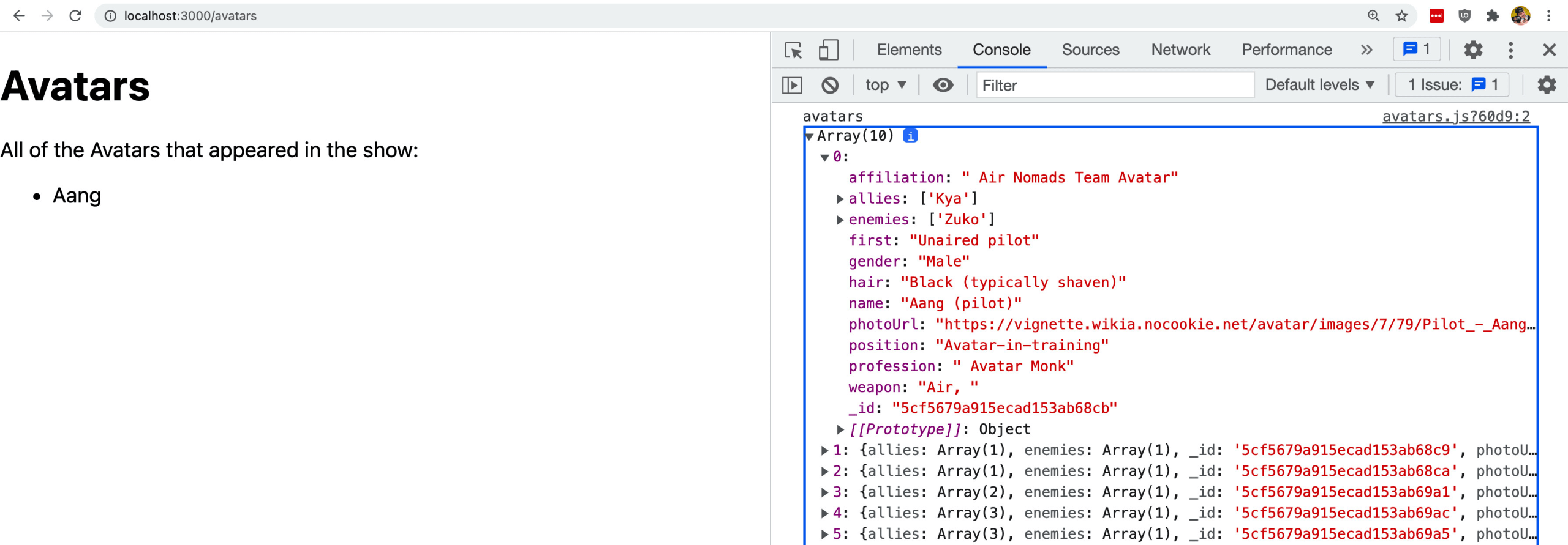 Chrome web console showing array of all avatars